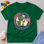 Dino Loves America Shirt Christian kids shirt in green featuring a dinosaur holding an American flag
