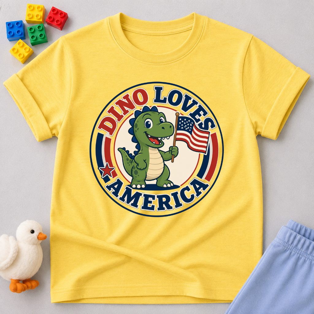 Dino Loves America Shirt Christian kids shirt in yellow featuring a dinosaur holding an American flag
