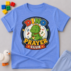 Dino Prayer Club Christian kids shirt in blue featuring a praying dinosaur with colorful lettering

