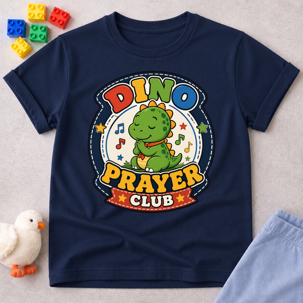Dino Prayer Club Christian kids shirt in navy featuring a praying dinosaur with colorful lettering
