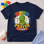 Dino Prayer Club Christian kids shirt in navy featuring a praying dinosaur with colorful lettering
