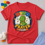 Dino Prayer Club Christian kids shirt in red featuring a praying dinosaur with colorful lettering
