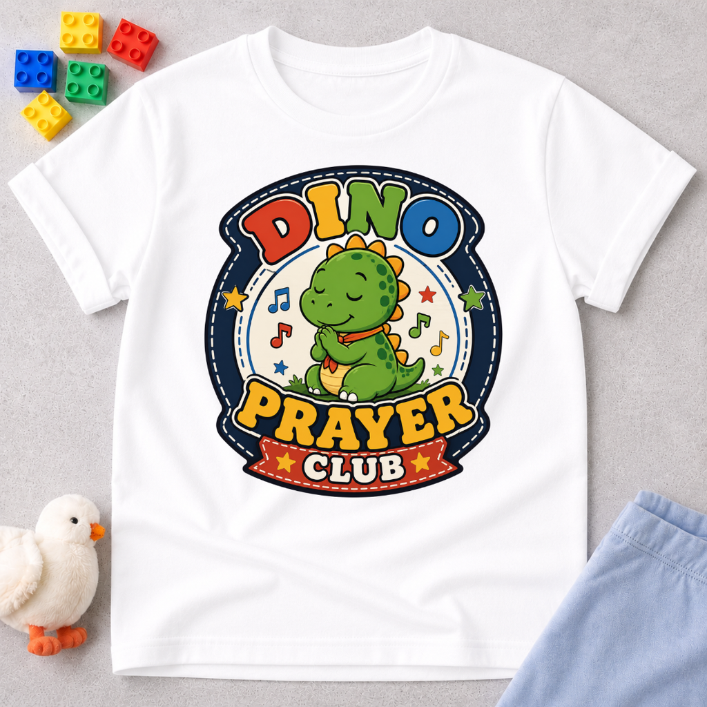 Dino Prayer Club Christian kids shirt in white featuring a praying dinosaur with colorful lettering
