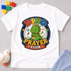 Dino Prayer Club Christian kids shirt in white featuring a praying dinosaur with colorful lettering
