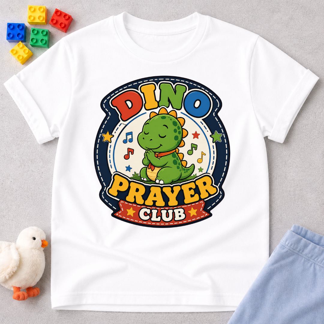 Dino Prayer Club Christian kids shirt in white featuring a praying dinosaur with colorful lettering
