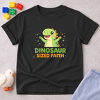Dino Sized Faith Shirt Christian kids shirt in Black featuring a cute dinosaur and faith-inspired typography