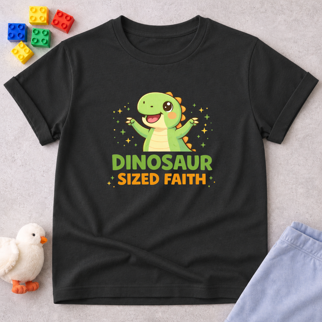 Dino Sized Faith Shirt Christian kids shirt in Black featuring a cute dinosaur and faith-inspired typography