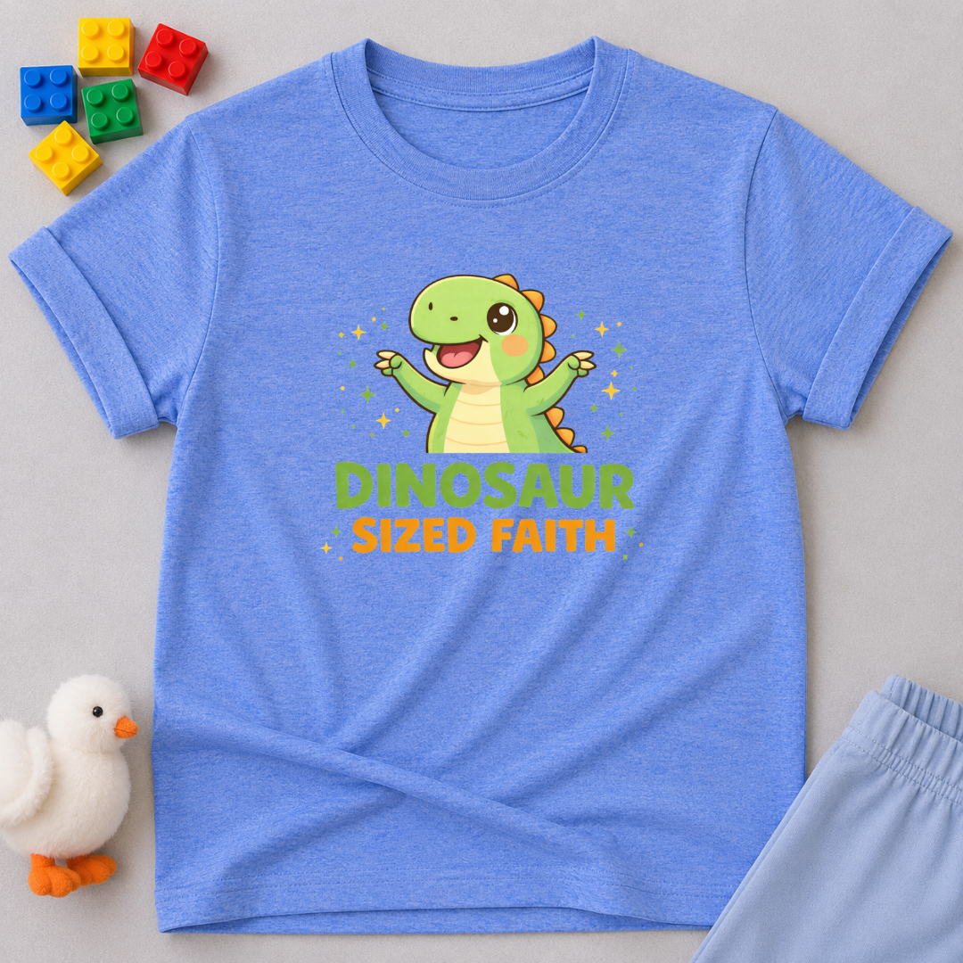 Dino Sized Faith Shirt Christian kids shirt in Blue featuring a cute dinosaur and faith-inspired typography