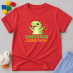 Dino Sized Faith Shirt Christian kids shirt in Red featuring a cute dinosaur and faith-inspired typography