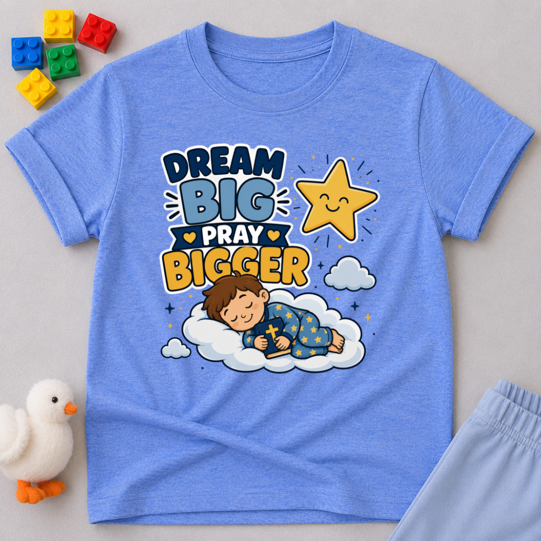 Dream Big Pray Bigger Christian kids shirt in blue featuring a sleeping child and star
