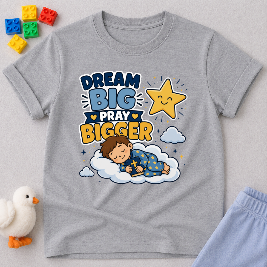 Dream Big Pray Bigger Christian kids shirt in gray featuring a sleeping child and star
