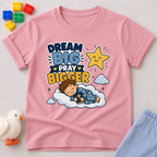 Dream Big Pray Bigger Christian kids shirt in pink featuring a sleeping child and star
