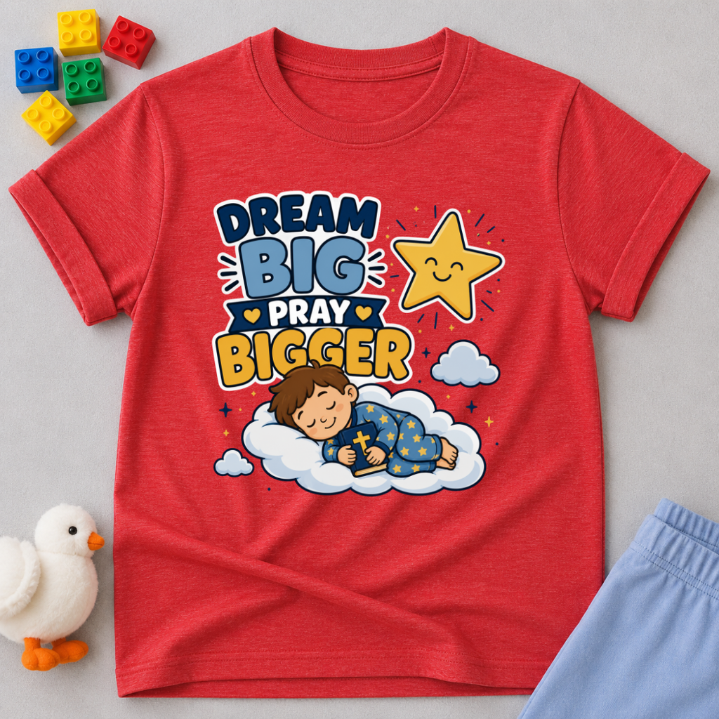 Dream Big Pray Bigger Christian kids shirt in red featuring a sleeping child and star
