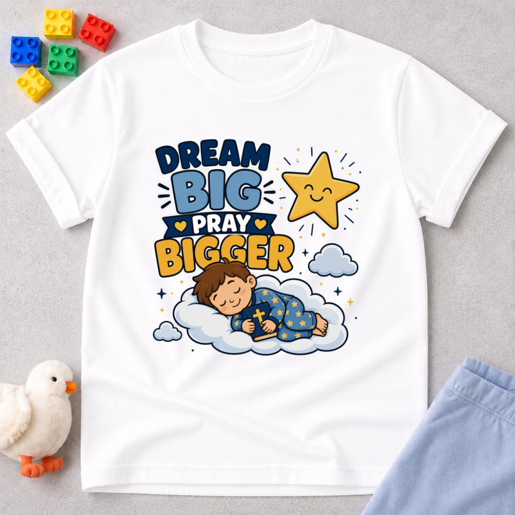 Dream Big Pray Bigger Christian kids shirt in white featuring a sleeping child and star
