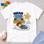 Dream Big Pray Bigger Christian kids shirt in white featuring a sleeping child and star
