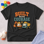 Faith Built Courage Construction Shirt Christian kids shirt in blackfeaturing construction vehicles and faith-based courage message
