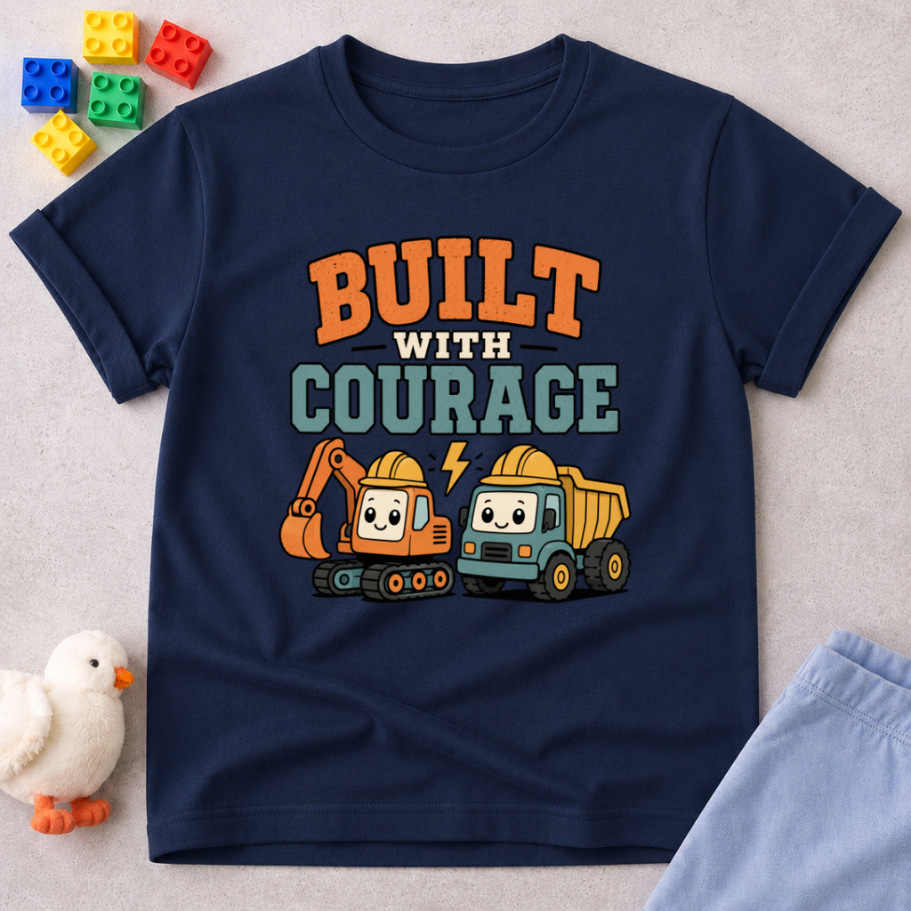 Faith Built Courage Construction Shirt Christian kids shirt in navy featuring construction vehicles and faith-based courage message
