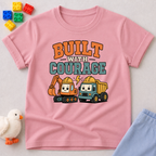 Faith Built Courage Construction Shirt Christian kids shirt in pink featuring construction vehicles and faith-based courage message
