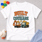 Faith Built Courage Construction Shirt Christian kids shirt in white featuring construction vehicles and faith-based courage message

