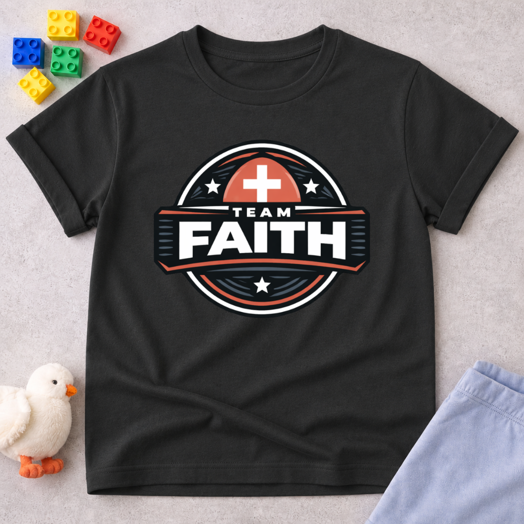 Faith Champions Club Christian kids shirt in Black featuring a team faith badge design