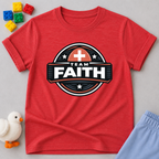 Faith Champions Club Christian kids shirt in Red featuring a team faith badge design