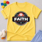 Faith Champions Club Christian kids shirt in Yellow featuring a team faith badge design