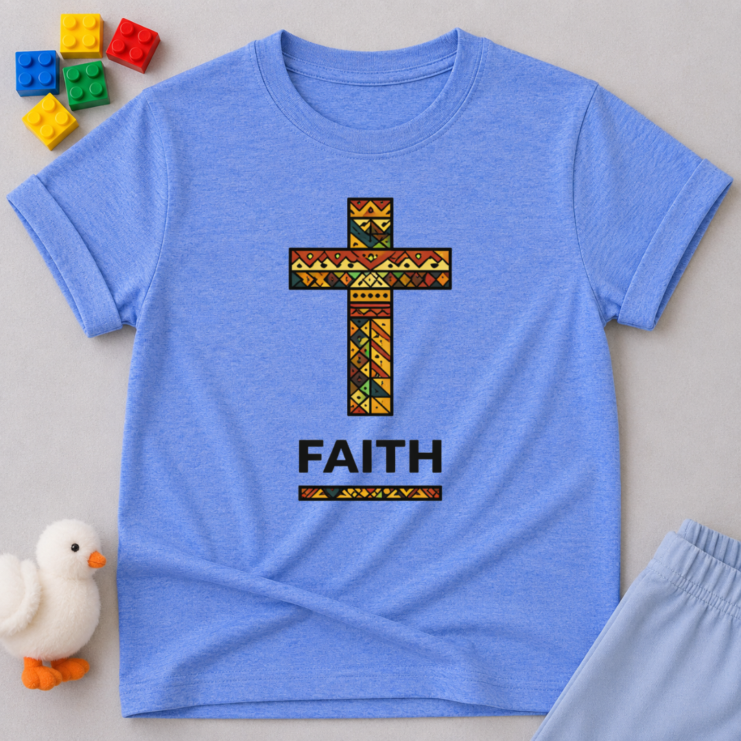 Faith Cross Shirt Christian kids shirt in Blue featuring a decorative cross and faith message