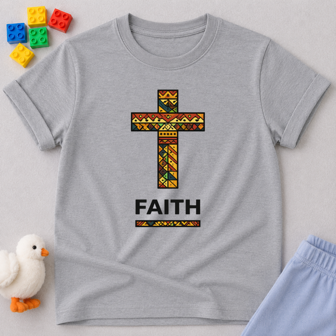 Faith Cross Shirt Christian kids shirt in Gray featuring a decorative cross and faith message
