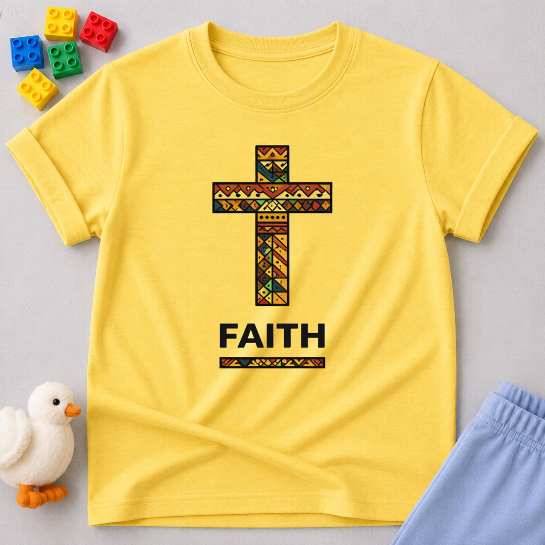 Faith Cross Shirt Christian kids shirt in Yellow featuring a decorative cross and faith message