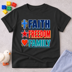 Faith Freedom Family Shirt Christian kids shirt in black featuring colorful patriotic typography
