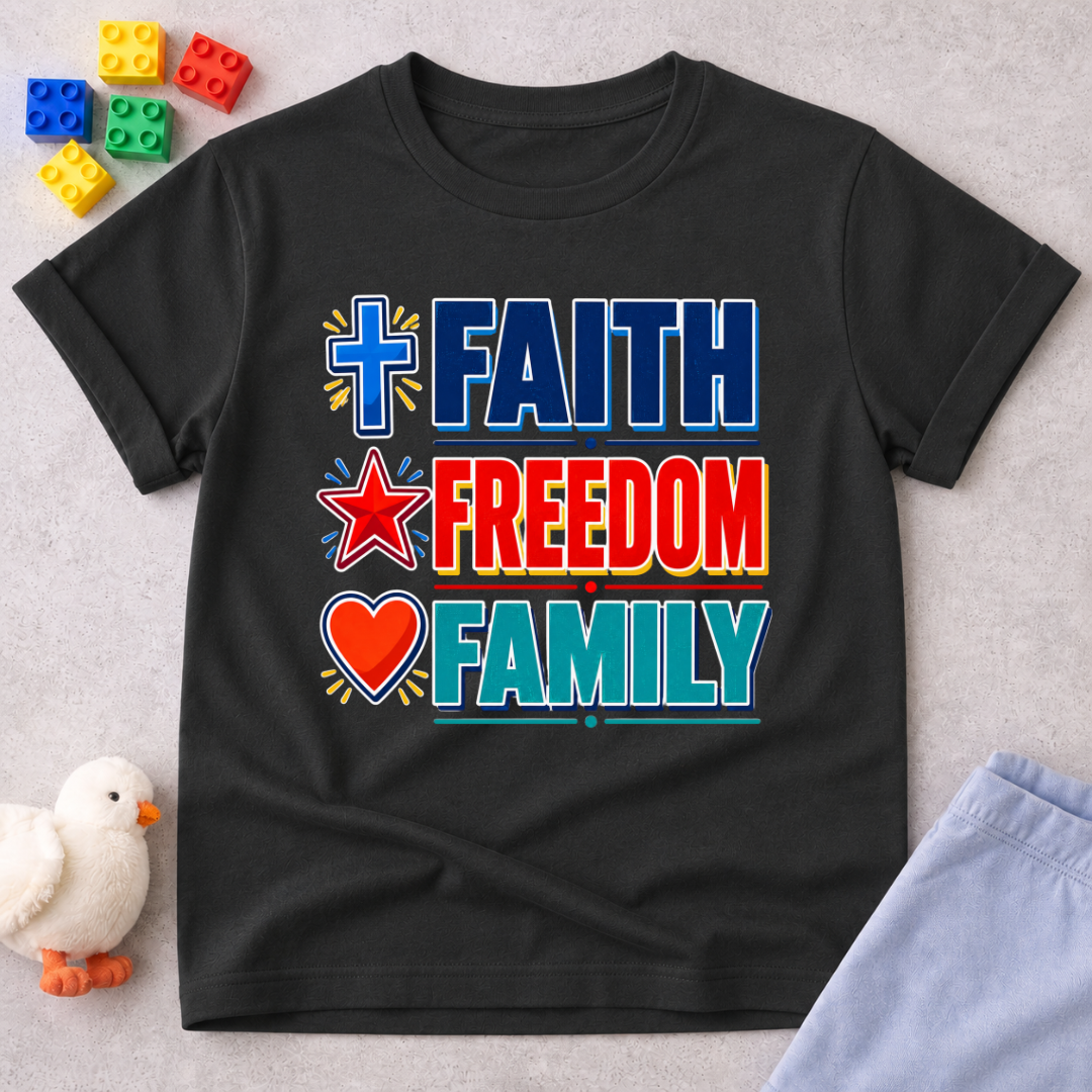 Faith Freedom Family Shirt Christian kids shirt in black featuring colorful patriotic typography
