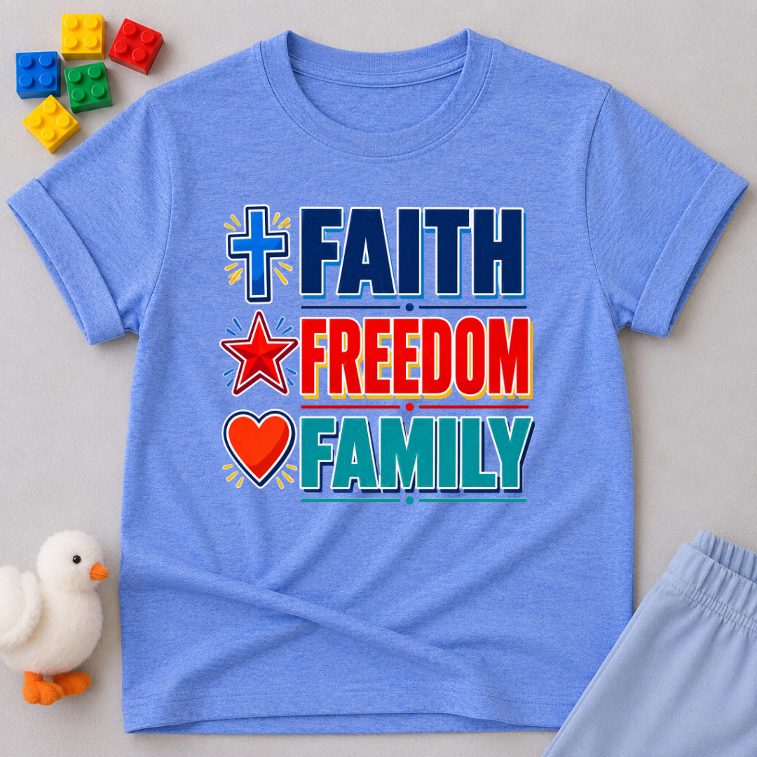 Faith Freedom Family Shirt Christian kids shirt in blue featuring colorful patriotic typography

