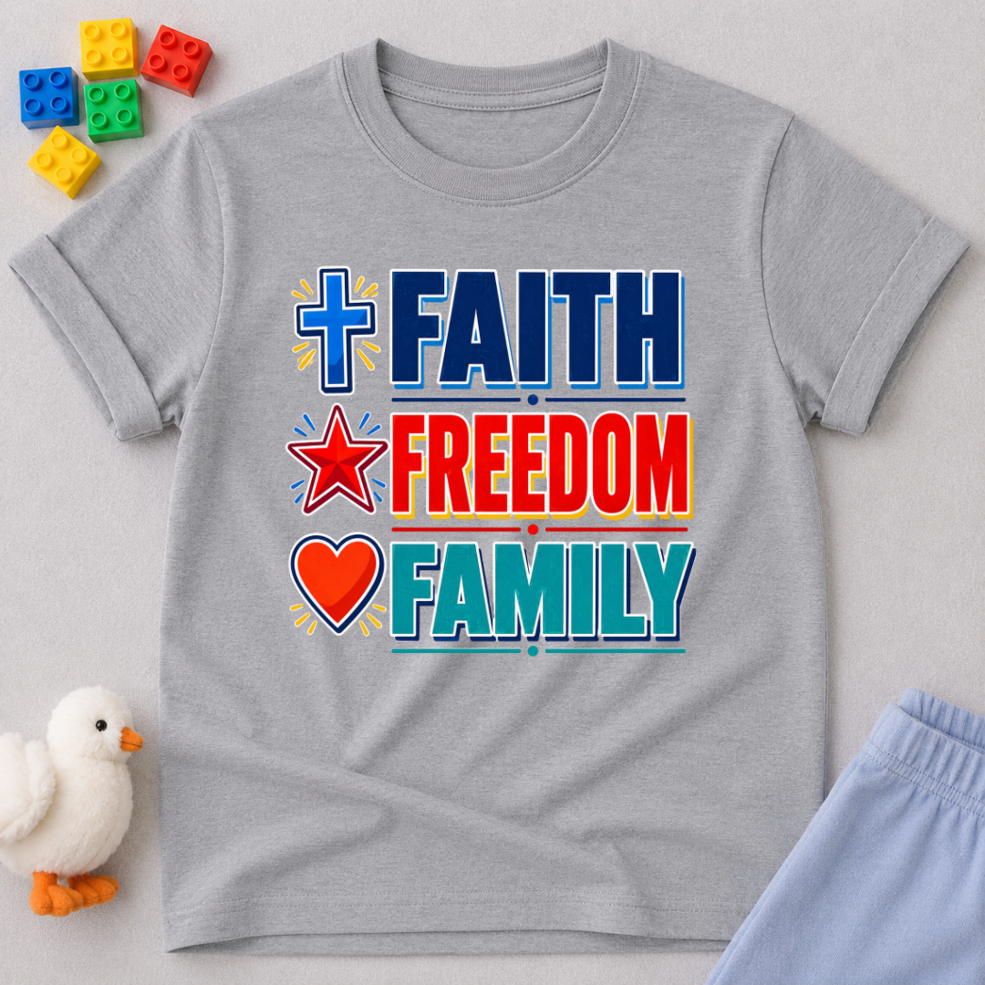 Faith Freedom Family Shirt Christian kids shirt in gray featuring colorful patriotic typography
