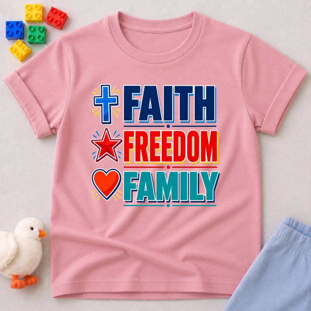 Faith Freedom Family Shirt Christian kids shirt in pink featuring colorful patriotic typography
