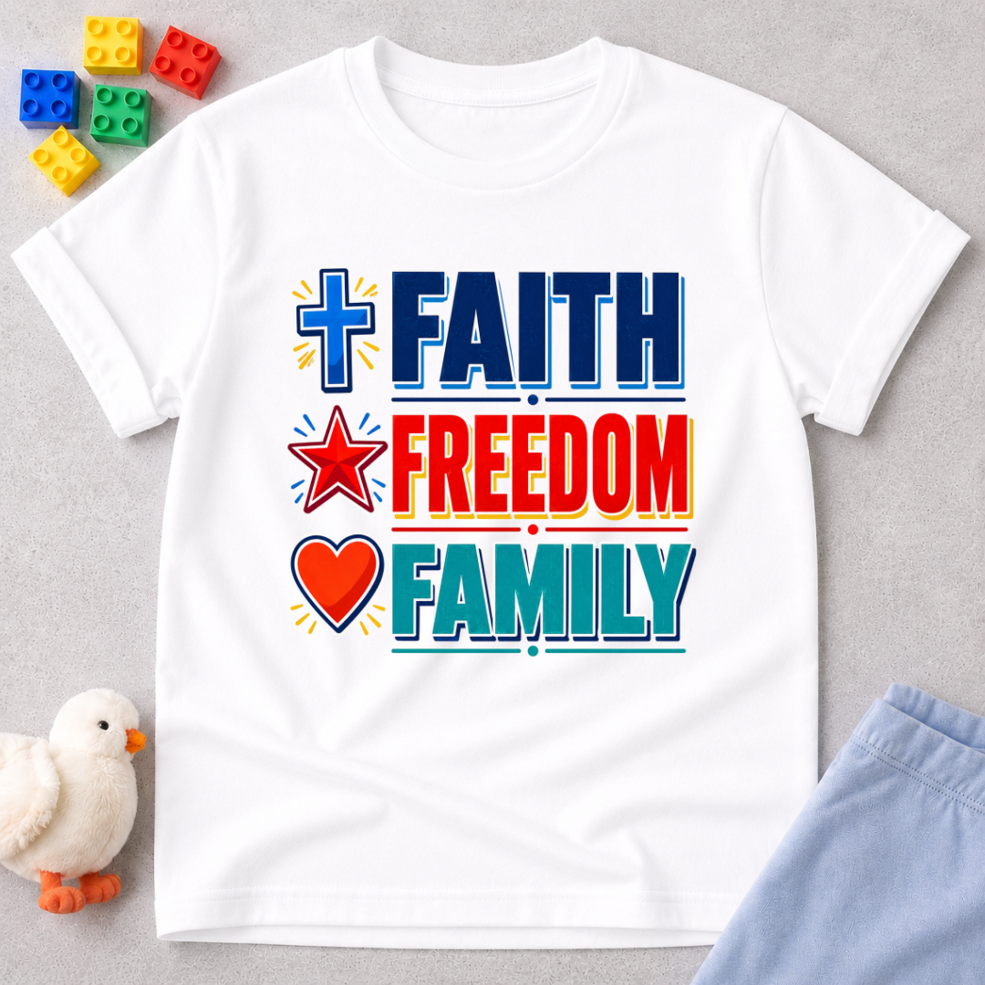 Faith Freedom Family Shirt Christian kids shirt in white featuring colorful patriotic typography
