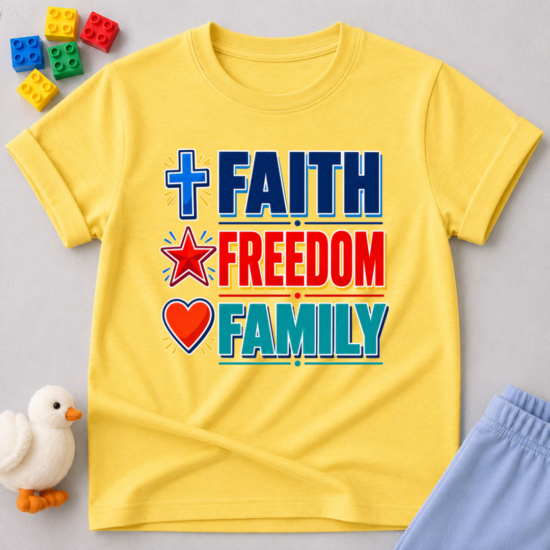 Faith Freedom Family Shirt Christian kids shirt in yellow featuring colorful patriotic typography
