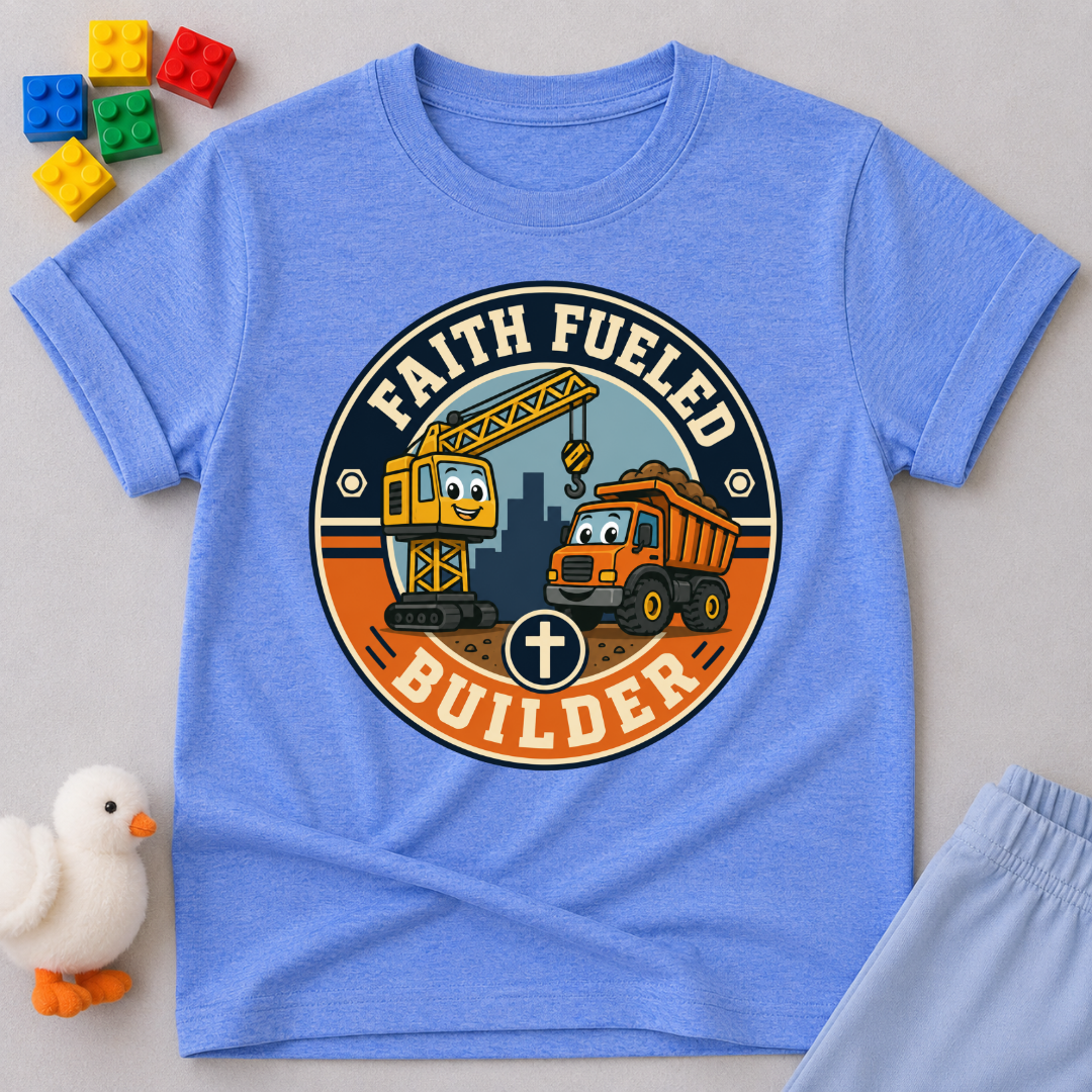 Faith Fueled Builder Crew Christian kids shirt in blue featuring smiling construction vehicles and a cross
