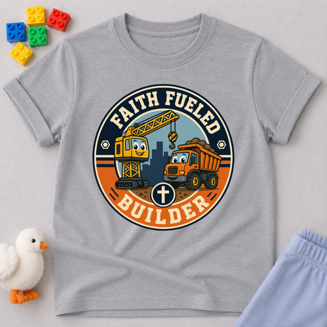 Faith Fueled Builder Crew Christian kids shirt in gray featuring smiling construction vehicles and a cross
