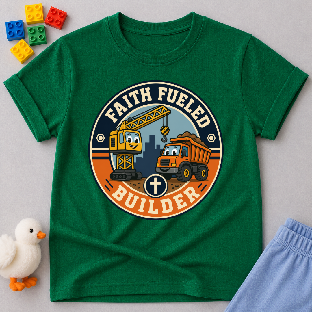 Faith Fueled Builder Crew Christian kids shirt in green featuring smiling construction vehicles and a cross
