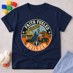 Faith Fueled Builder Crew Christian kids shirt in navy featuring smiling construction vehicles and a cross
