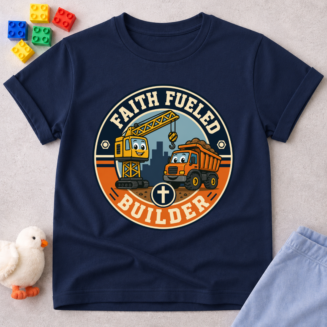 Faith Fueled Builder Crew Christian kids shirt in navy featuring smiling construction vehicles and a cross
