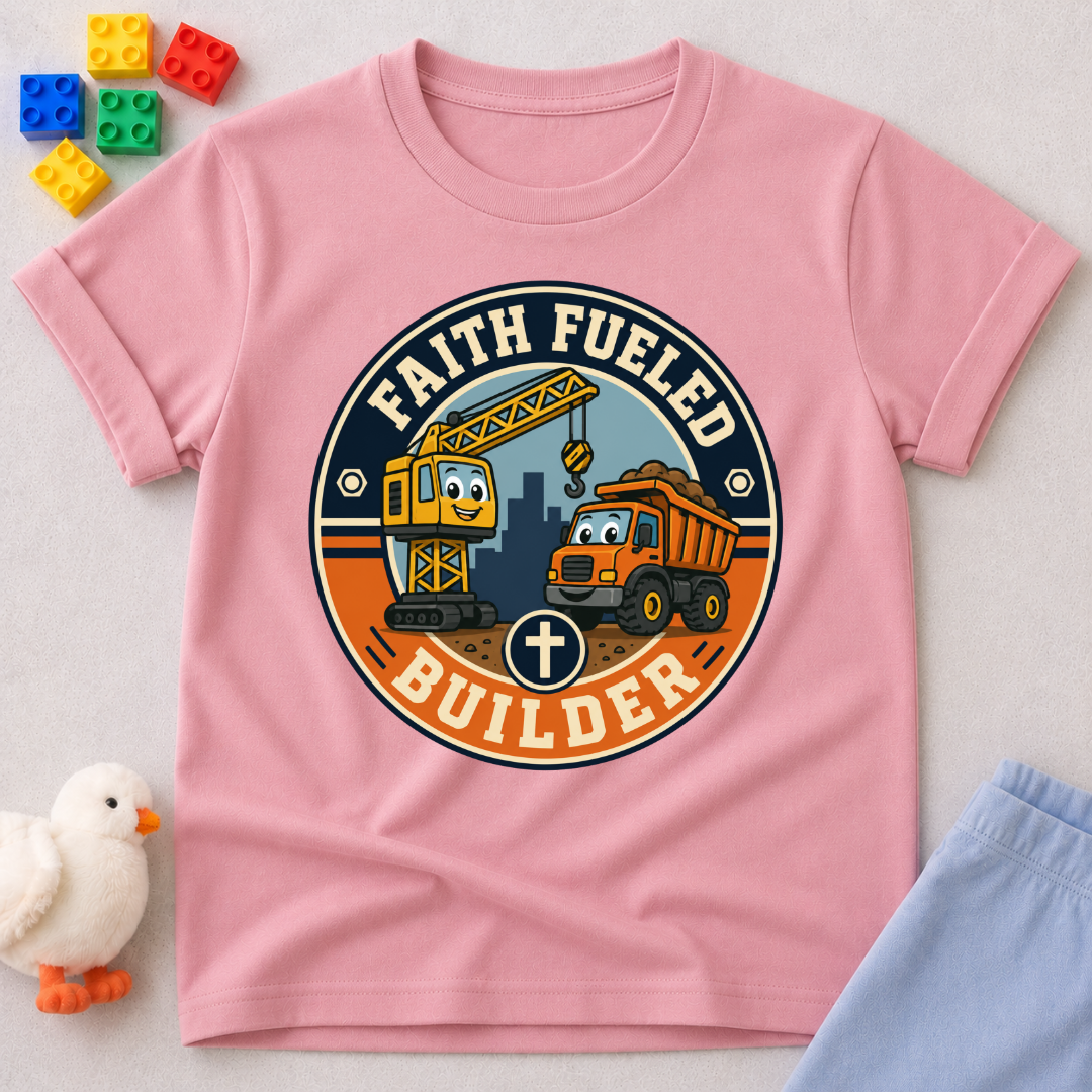 Faith Fueled Builder Crew Christian kids shirt in pink featuring smiling construction vehicles and a cross
