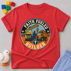 Faith Fueled Builder Crew Christian kids shirt in red featuring smiling construction vehicles and a cross

