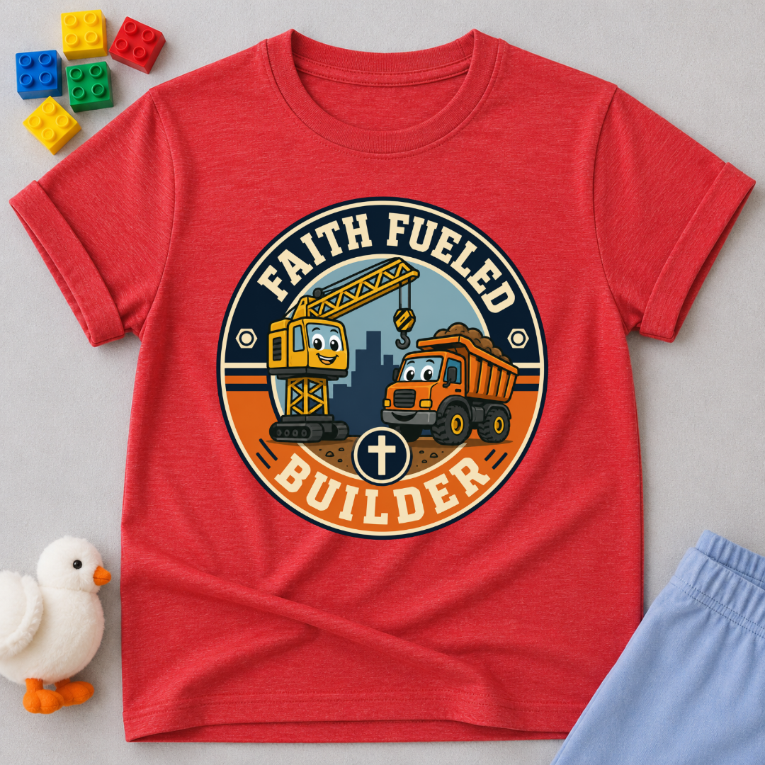 Faith Fueled Builder Crew Christian kids shirt in red featuring smiling construction vehicles and a cross
