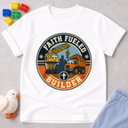 Faith Fueled Builder Crew Christian kids shirt in white featuring smiling construction vehicles and a cross
