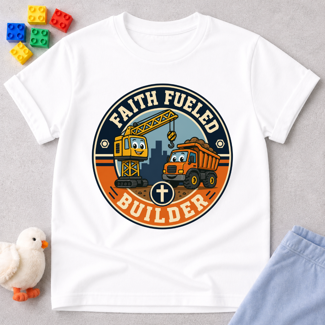 Faith Fueled Builder Crew Christian kids shirt in white featuring smiling construction vehicles and a cross
