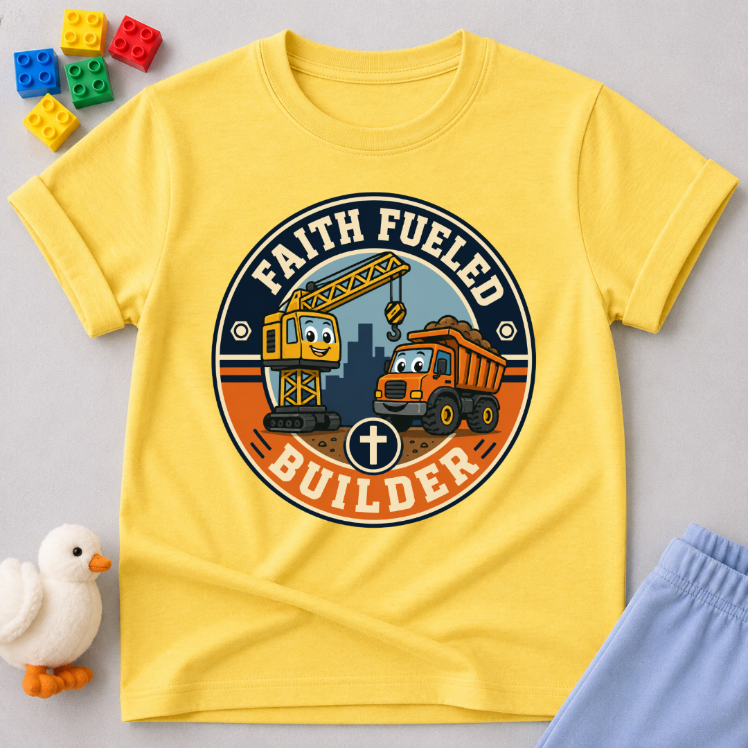 Faith Fueled Builder Crew Christian kids shirt in yellow featuring smiling construction vehicles and a cross
