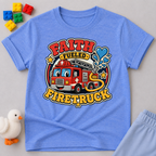 Faith Fueled Firetruck Christian kids shirt in blue featuring a smiling firetruck with faith-inspired artwork
