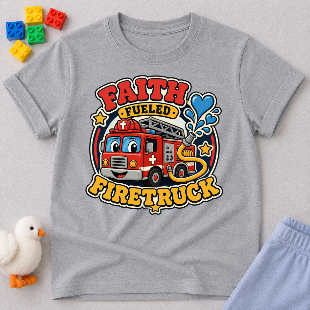 Faith Fueled Firetruck Christian kids shirt in gray featuring a smiling firetruck with faith-inspired artwork

