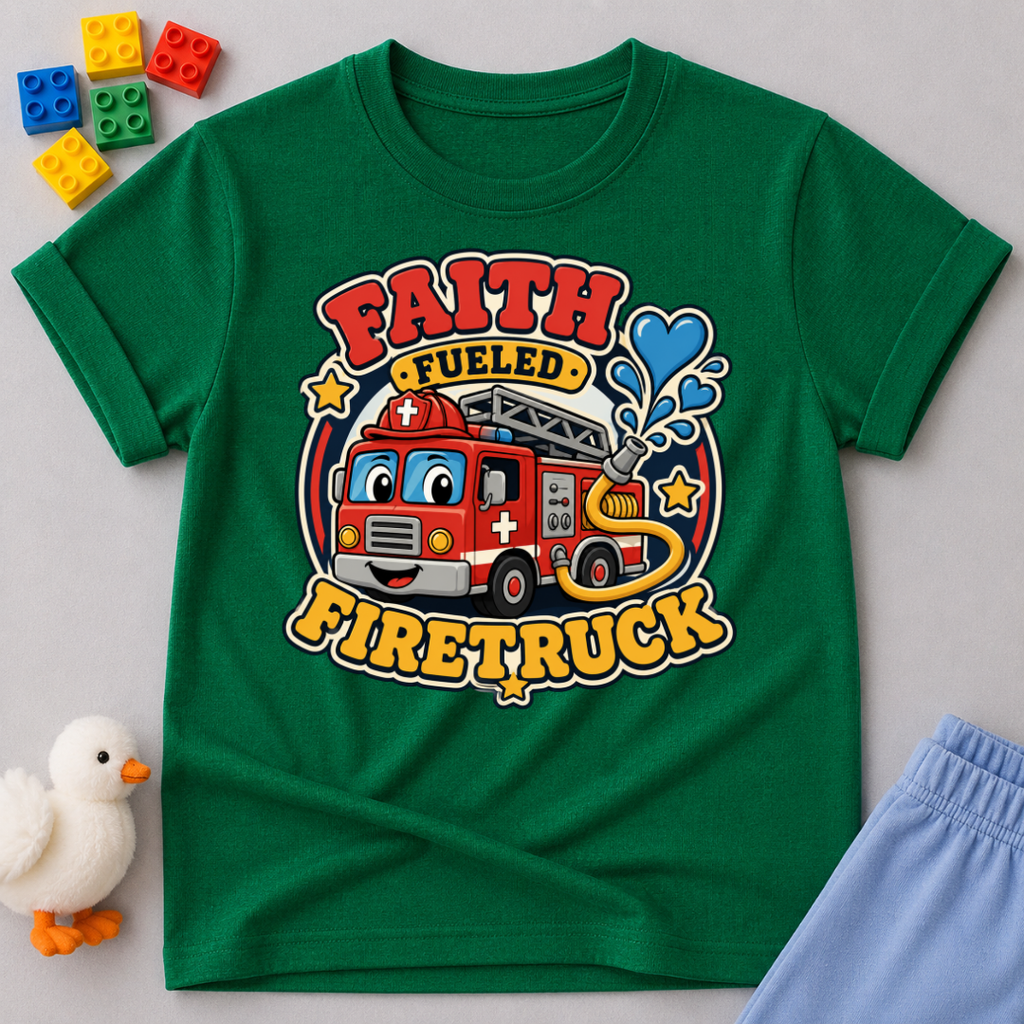 Faith Fueled Firetruck Christian kids shirt in green featuring a smiling firetruck with faith-inspired artwork
